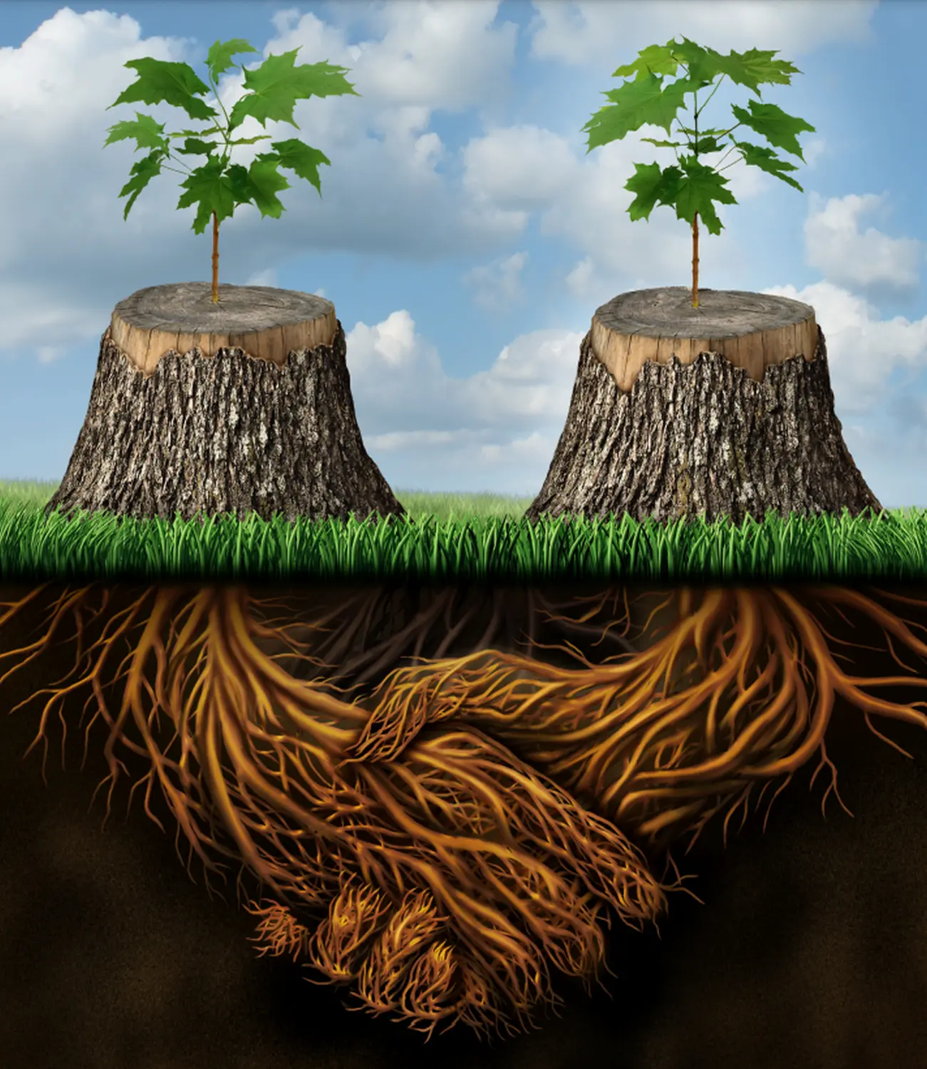 Zwei Baumstämme mit Wurzeln von focus